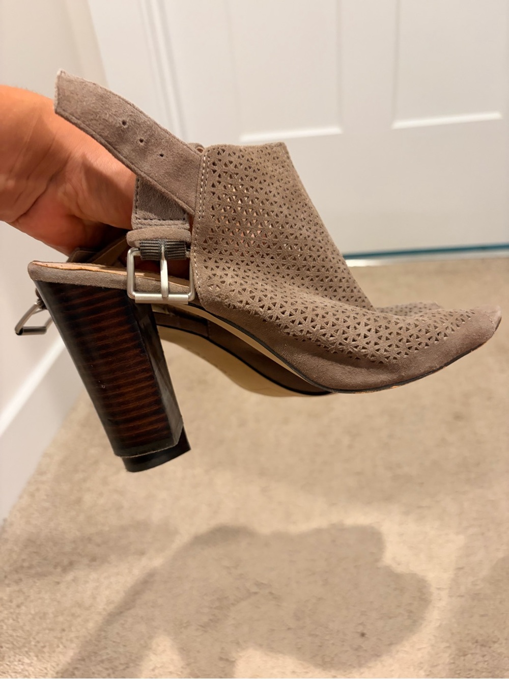 Margaret M Taupe Perforated Suede Slingback Block Heels